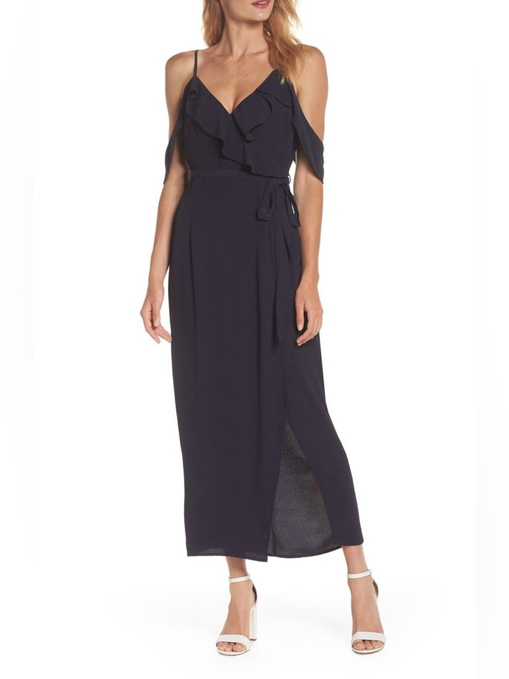 Bardot Drapey Ruffle Faux-Wrap Dress - Navy